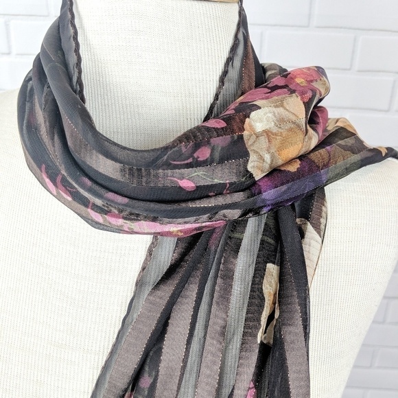 Liz Claiborne Satin Brown & Gold Floral Scarf - Picture 3 of 6